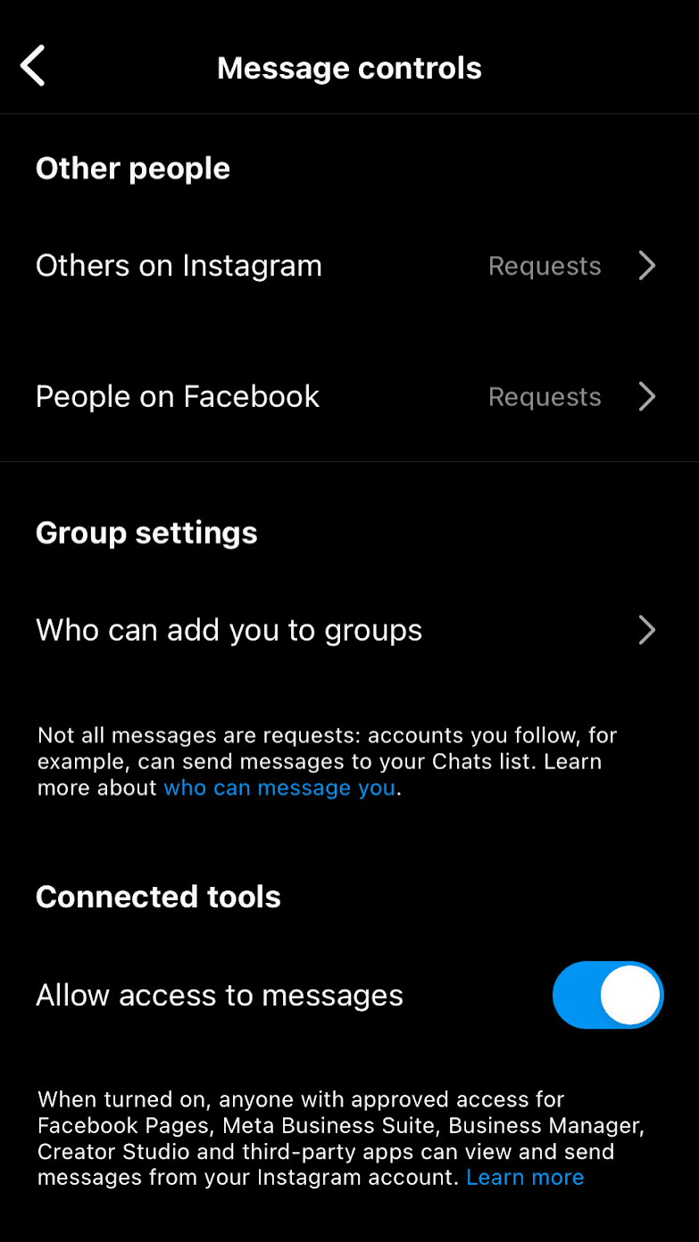  Hit the grey toggle in front of the allow access to messages to get the messaging updated